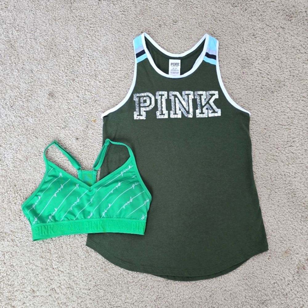 Victoria Secret PINK Silver Tank Top Sequin Bling Racerback Size XS + Sportsbra